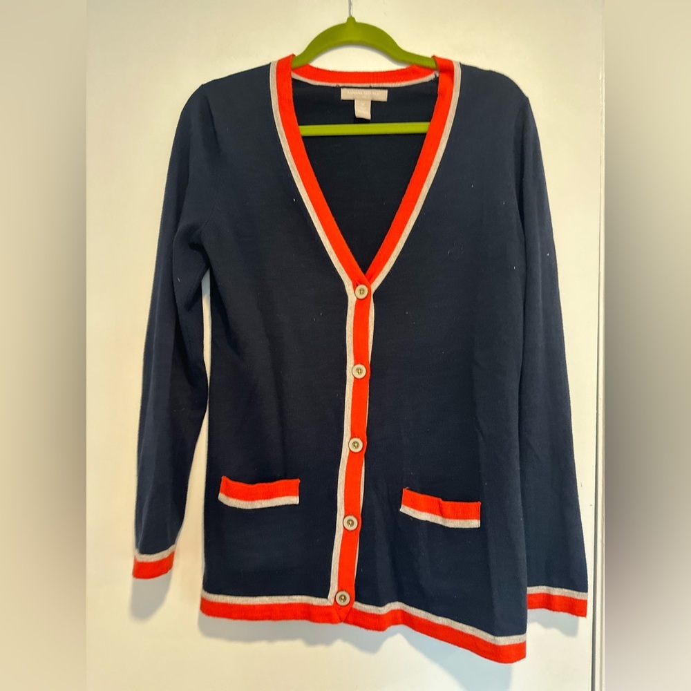 Banana Republic Sz:M Tunic Vneck Cardigan Button sweater navy/Orange/ Gray Trim. - Picture 1 of 9